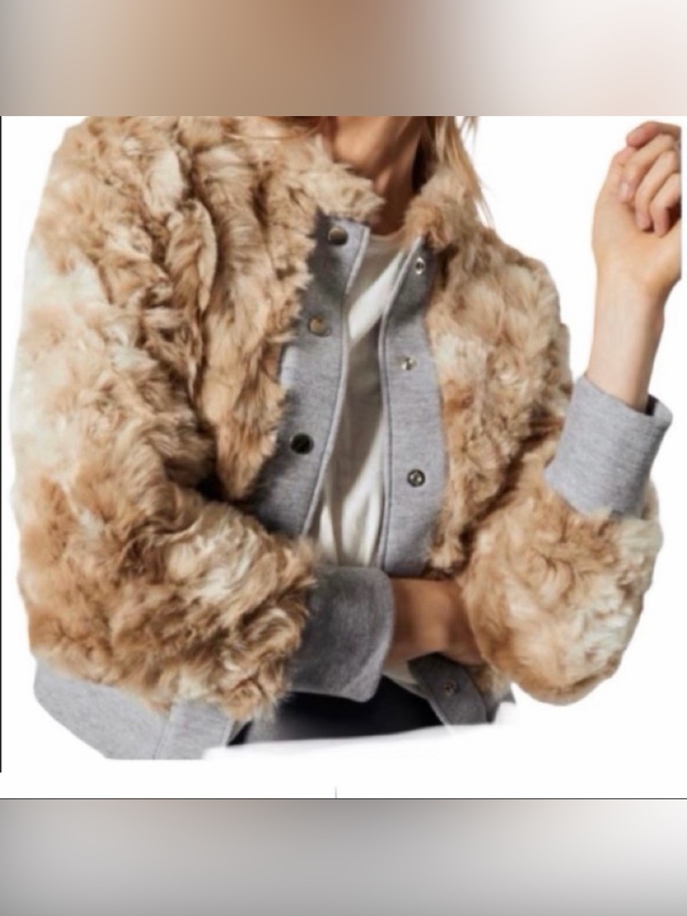 NSF Faux Fur Bomber Jacket in Tan with Gray Trim